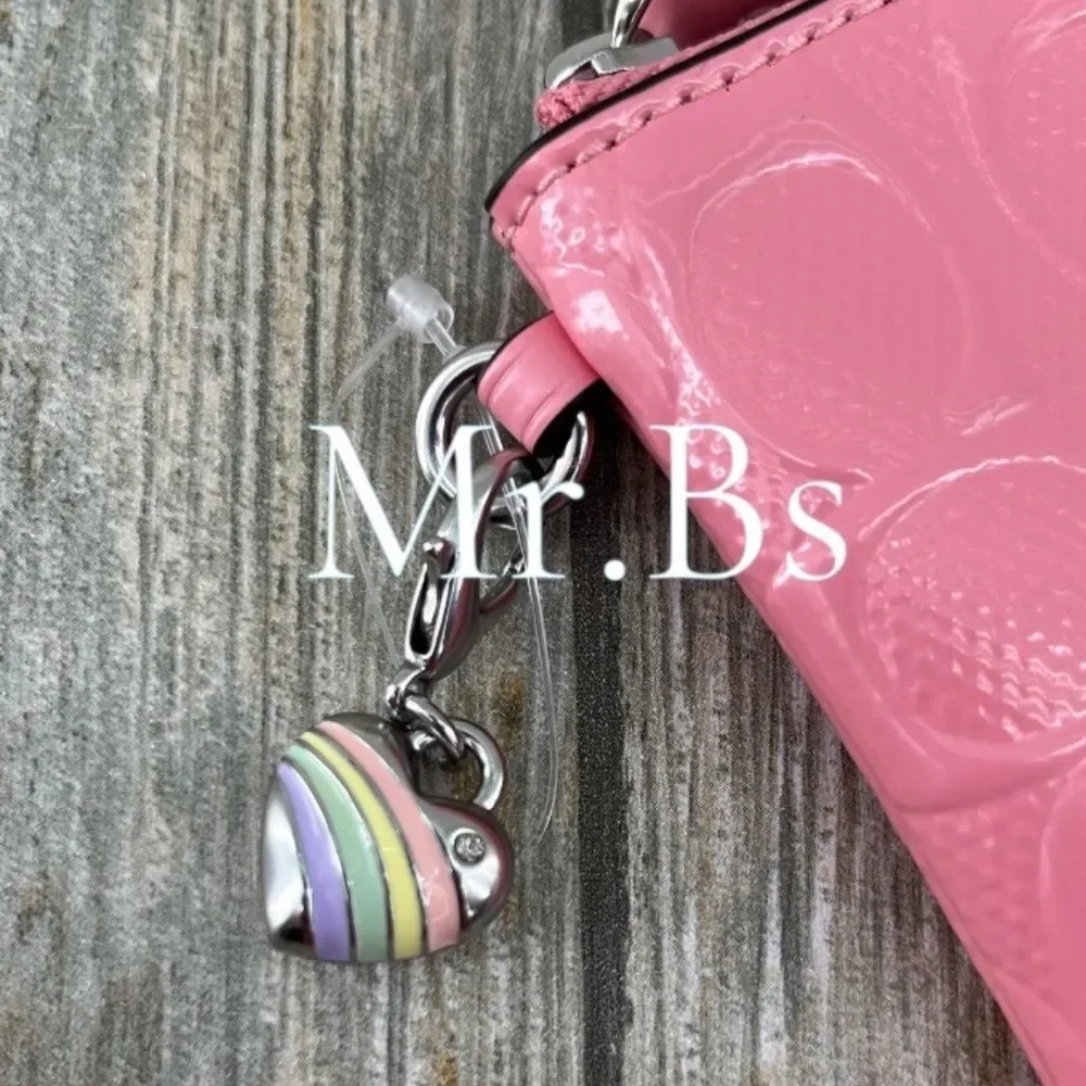 Coach Corner Zip Wristlet In Pink Signature Leather  With Heart Charm Wallet
